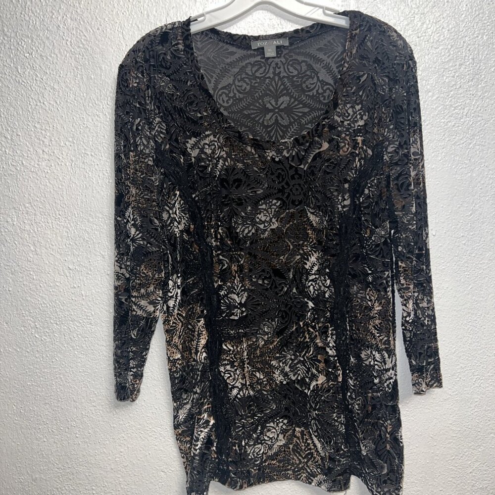 Roz & Ali Sheer Black Gold Lace 3/4Sleeve Blouse - Picture 2 of 13